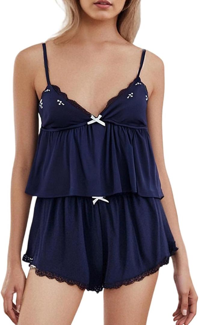 Lace Trim Pajama Sets for Women 2 Piece Cami Tank Top Shorts | Flowers Embroidery Pj Set Y2k Matching Lounge Sleepwear, M