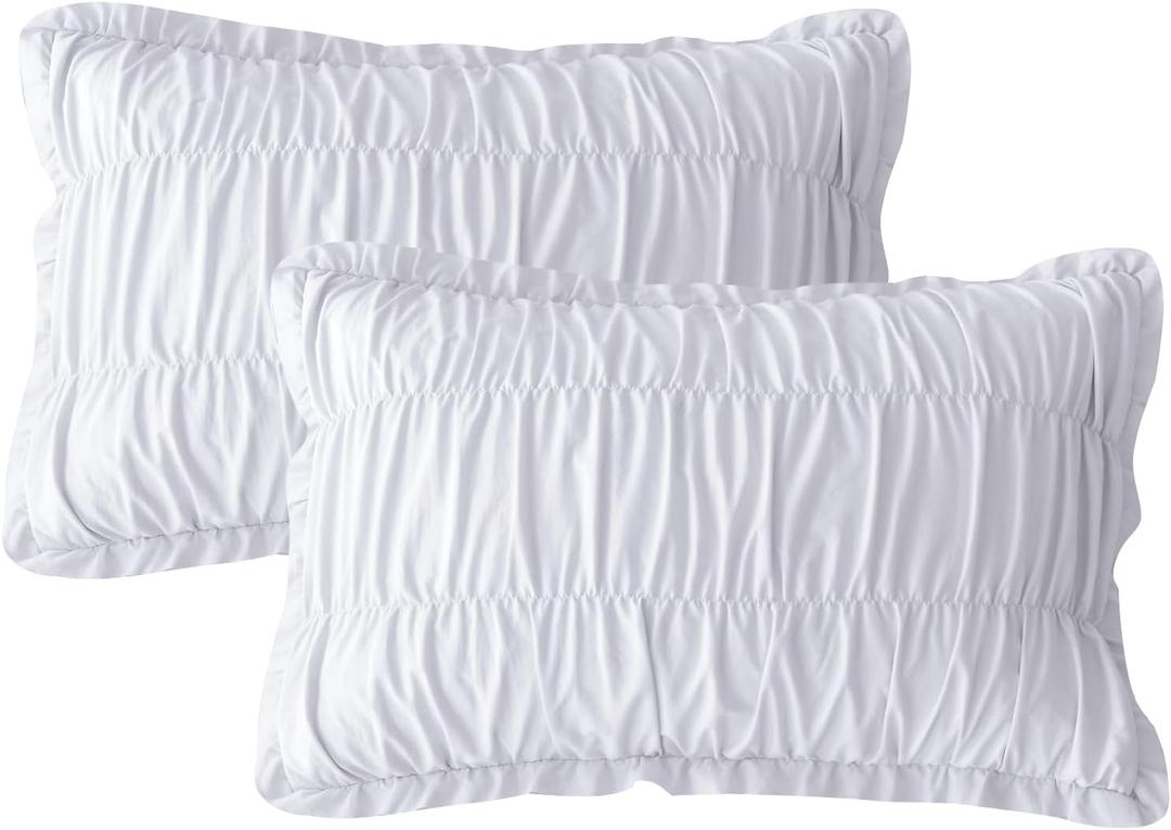 QSH White Ruffled Pillow Shams Standard Size Set of 2,Shabby Boho Chic Ruched Pillowcases Standard Ultra Soft and Luxury Microfiber Pillow Cover 20"x26" for Bedroom