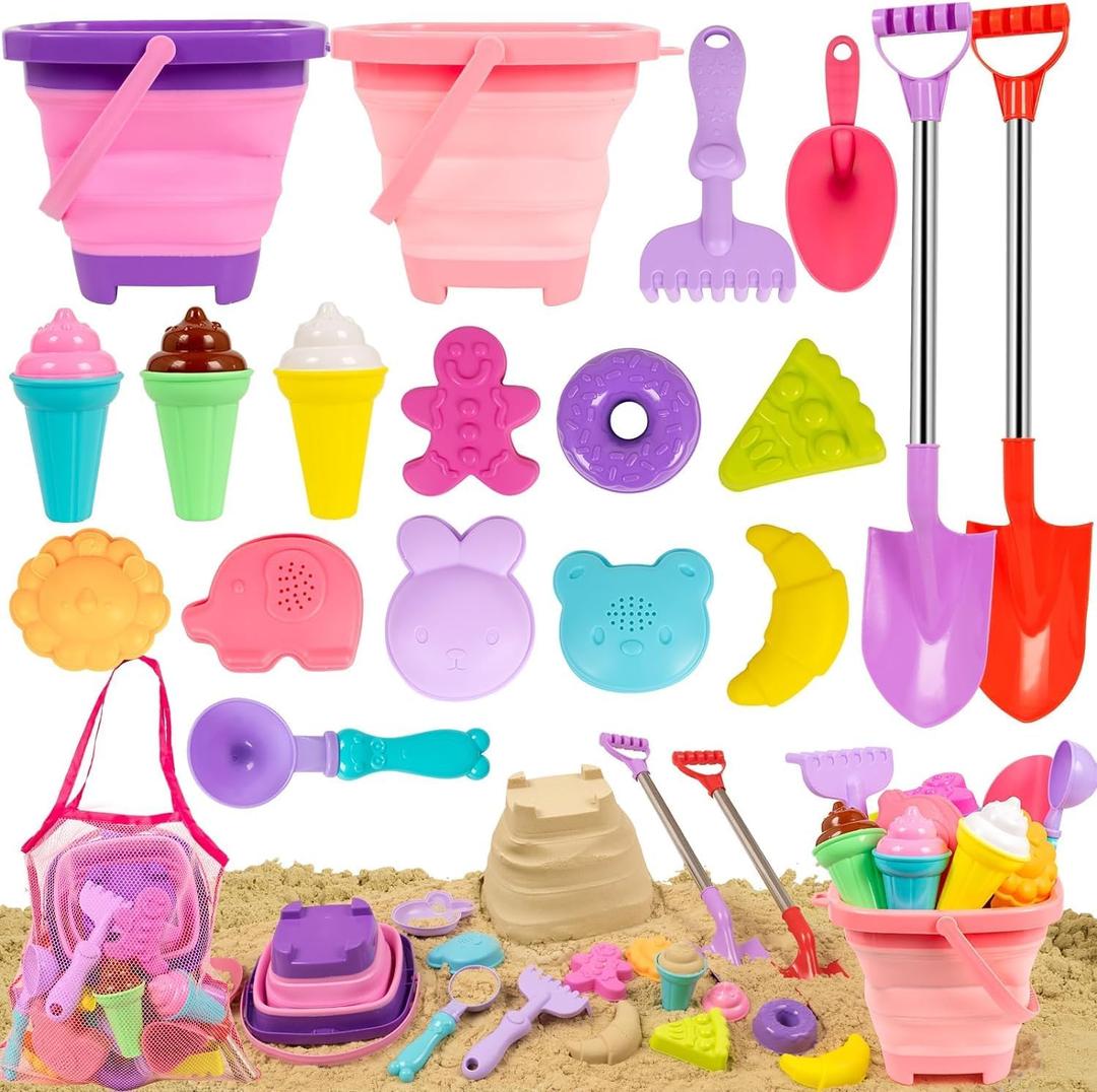 Beach Sand Toys Set Includes Collapsible Buckets 2 Big Size Sand Shovels, Rake, Animal Sand Molds Toys with Mesh Bag Silicone Pail, Sandbox Kit for Kids Age 3+ (19 PCS)