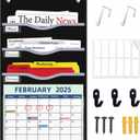 4 Pockets Hanging Wall File Organizer 15" Extra Wide Pocket Chart for Classroom, Office, Home, Mail Organizer Wall Mounted with 1 Writable Clear Pocket, 5 Wall/ Door Hooks & 12 Labels (Black)