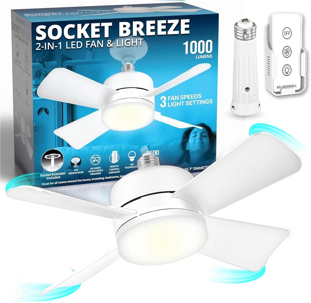 Bell+Howell Socket Breeze Socket Fan Light with Remote, Portable Small Ceiling Fans with Lights for Bedroom, Kitchen, Living Room, Ceiling Fan with Light 3500K, 1000 Lumens, Screws into E26/E27 (White)