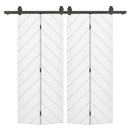 Herringbone 48 in. x 80 in. White Painted MDF Modern Bi-Fold Double Barn Door with Sliding Hardware Kit