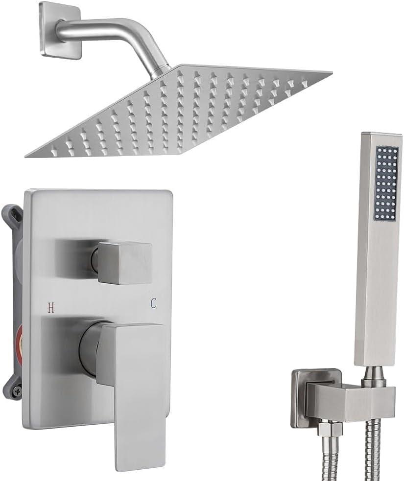 Shower Faucet Set 8 Inch Rainfall Shower Head and Handheld Shower High Pressure Rainfall Shower Head System Shower Faucet Set with Valve and Trim