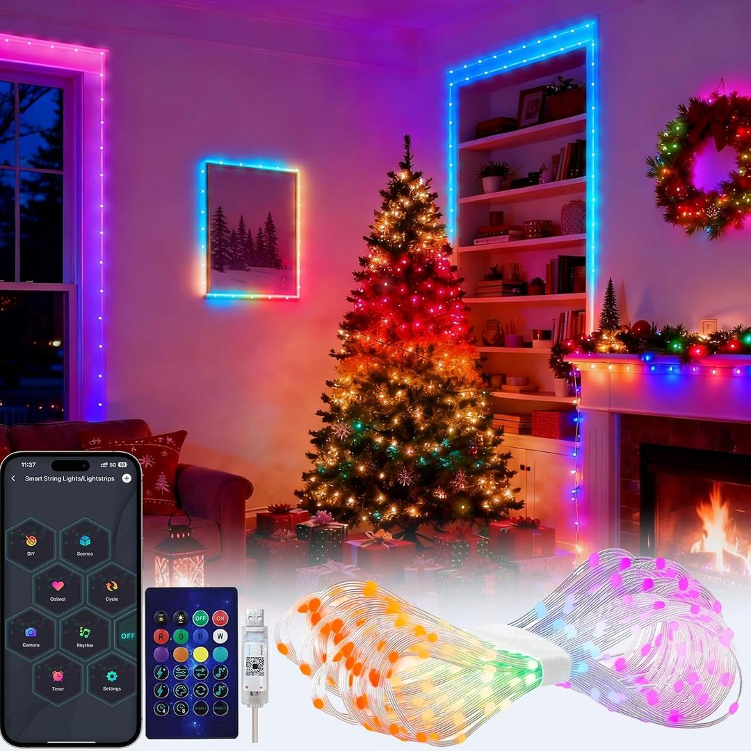 Smart Fairy String Lights, 33Ft DIY Twinkle Lights USB Port, Multicolor Warm White, App/Remote Control, 12 Modes &Music Sync for Bedroom,Party, Halloween, Indoor Christmas Tree Decor