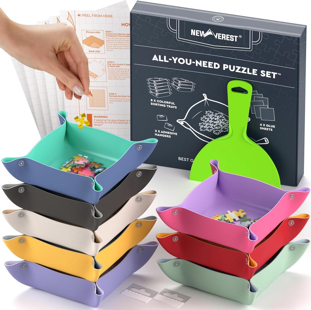 Newverest All-You-Need Puzzle Set: 8 Puzzle Sorting Trays for up to 2000 Pieces, 6 Glue Sheets, 1 Large Scraper & 2 Adhesive Hangers in Gift-Ready Packaging  Must-Have Saver Kit for Puzzle Lovers