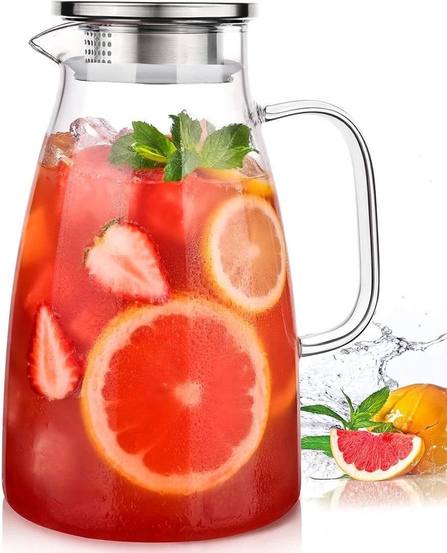Glass Pitcher with Lid, 2 Liter 68oz Water Pitcher with Handle and Spout for Fridge, Borosilicate Glass for Iced Tea, Juice, Sangria, Cold/Hot Beverage, Large Jug