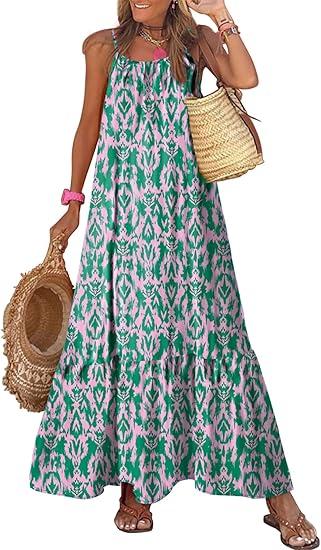 Dokotoo Women Summer Dresses 2025 Spaghetti Strap Scoop Neck Smocked Ruffle Flowy Boho Maxi Dress, Green