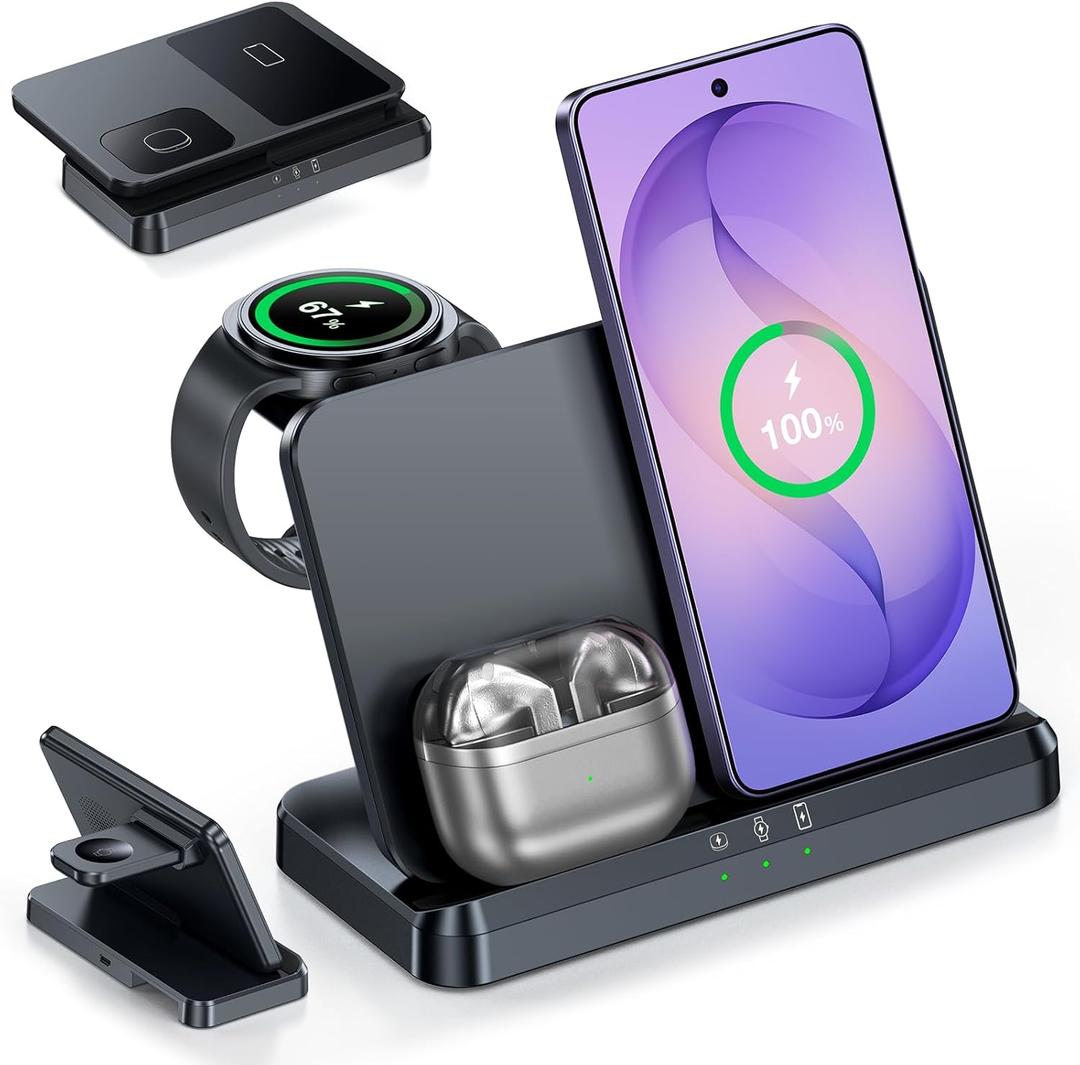 Wireless Charger for Samsung – 3 in 1 Wireless Charging Station for Galaxy S26 Ultra S25 S24, Z Fold Flip 7/6, Detachable Watch Charger for Galaxy Ultra 8/7/6, Foldable, Fast Charging, No Adapter, Black