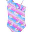 Girls Swimsuit Size 8-9 Years Old Pink Purple Unicorn Sleeveless One Shoulder Ruffle Bathing Suit Swimming Swimwear