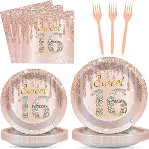 96PCS Rose Gold Sweet 16th Birthday Party Paper Plates and Napkins Sixteenth Birthday Party Decoration 16 Years Old Disposable Cake Dessert Tableware Set Serves 24 Guests Girls Ladies Supplies Favor