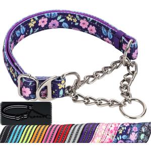 Martingale Dog Collar with Steel Chain, Adjustable Reflective Nylon & Soft Padded - for Medium, Large, XL, XXL Dogs for Training,Walking Pet Collar (Purple Flowers L) (L(Neck15"-22"), 3)