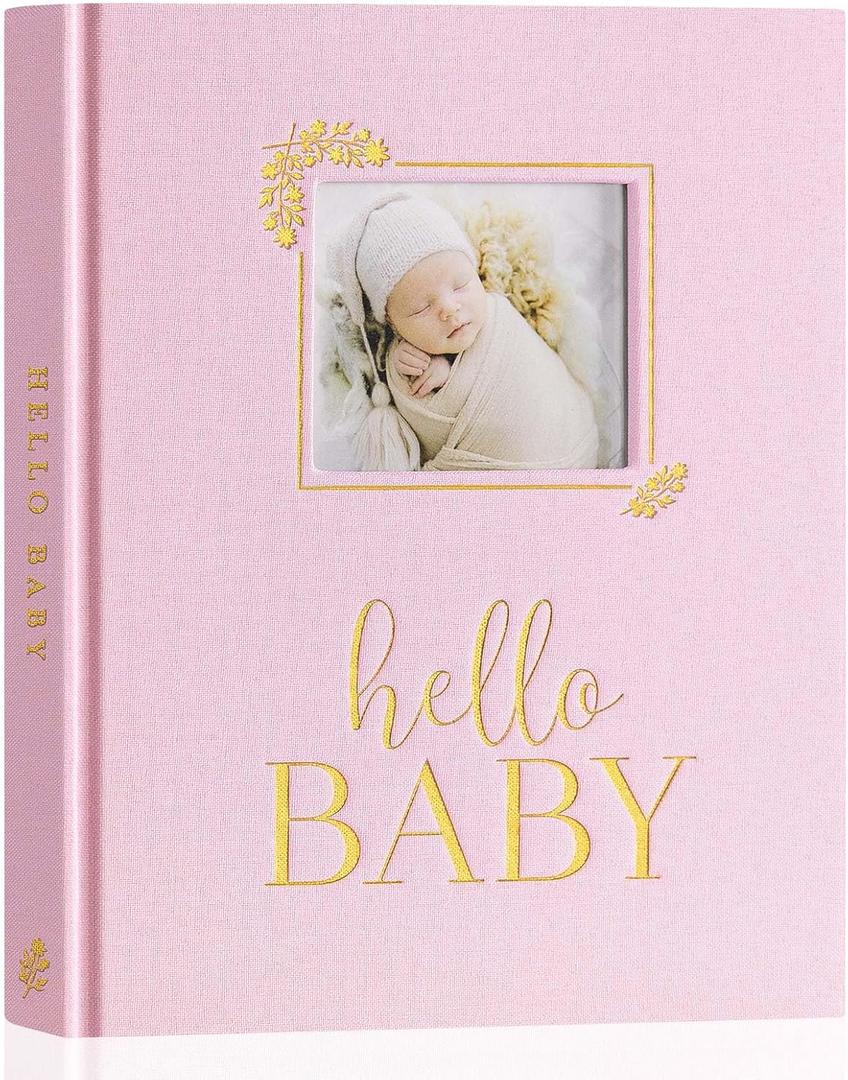 Lanpn Hello Baby Memory Book, Newborn First 5 Year Keepsake with DIY Window, Linen Baby Book Memories Journal Scrapbook Photo Book, Baby Milestone Album for Boy Girl New Parents (Pink, 154 Pages)
