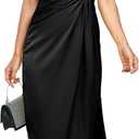 Women's One Shoulder Satin Silk Backless Split Wrap Hem Twist Ruched Summer Party Cocktail Midi Dress (Black, XL)