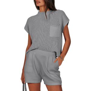 ANRABESS Women's Two Piece Summer Outfits Knit Sweater Short Sets Pullover Tops & Shorts Lounge Matching Clothes Set (S)
