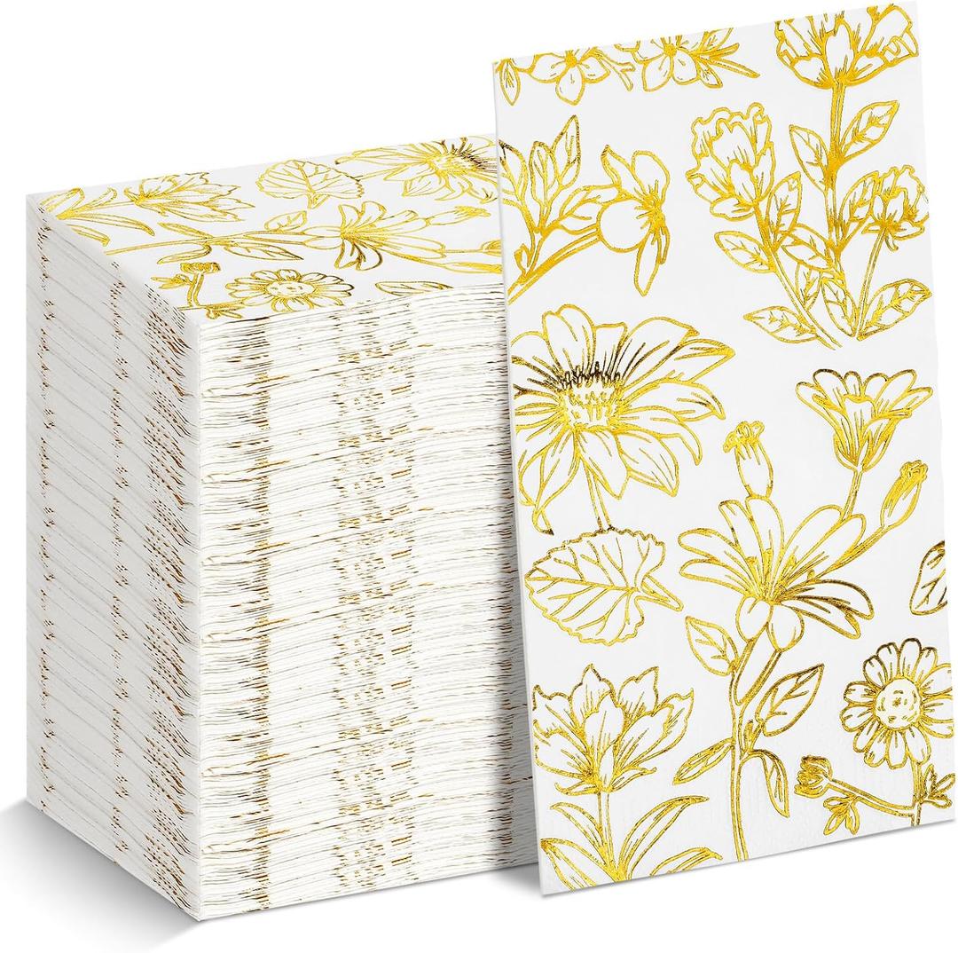 Pasimy 100 Pcs Gold Foil Guest Napkins Disposable Gold Foil Cocktail Napkins Floral Paper Tissue Elegant Dinner Hand Towels Bronzing Napkin for Bathroom Birthday Baby Shower Decor Towels (White)
