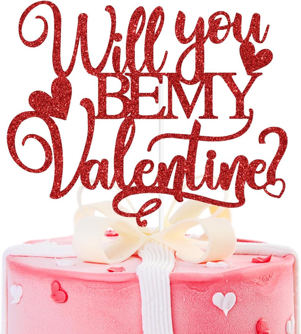Red Glitter Will You Be My Valentine Cake Topper, Be Mine/Happy Valentine's Day/Te Amo, Valentine's Day Wedding Anniversary Party Decorations Supplies