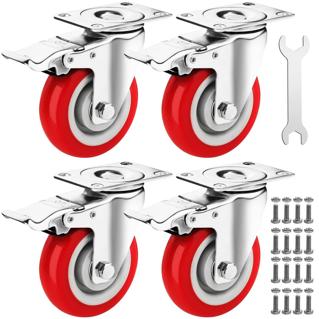 4 Inch Caster Wheels Heavy Duty Casters Set of 4 (2200lbs Load Capacity) Lockable Cart Wheels with Brakes, 360 Degree Rotatable - Ideal Caster for Cart, Furniture and Workbench (4 x Brakes)