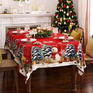 Christmas Tablecloth Rectangle 60x102 Inch, Red Snowman & Pine Tree Table Cloth, Winter Snow Scene Holiday Rectangular Table Cover, Waterproof and Washable Xmas Dining Room Decoration
