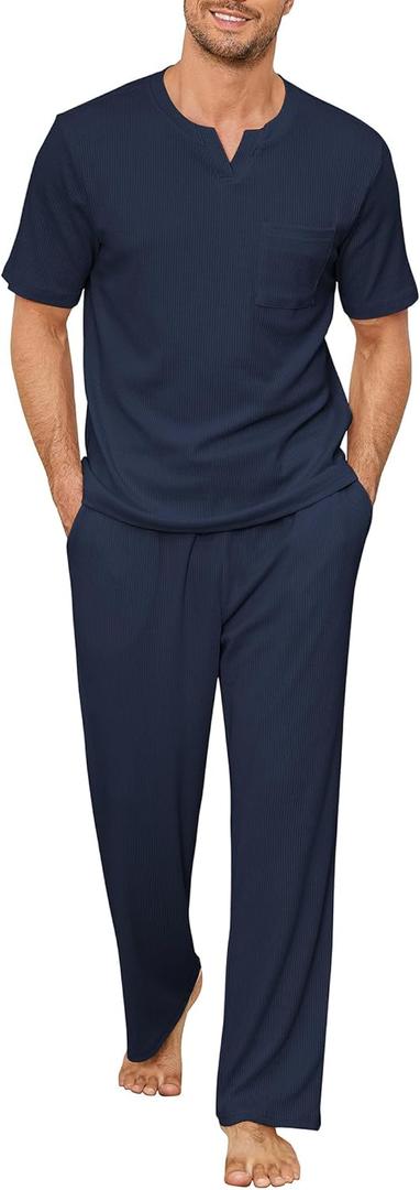 JiniGolla Men Lounge Set Comfy Sleepwear Short Sleeve Pjs Set Soft 2 Piece Pajama Cozy Nightwear with Pockets (Medium, Navy Blue)