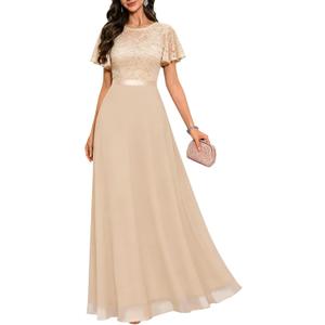 DRESSTELLS Womens Formal Dresses for Wedding Guest Prom Ruffle Sleeve Lace Maxi Dress Evening Gown 2026 (Medium, Champagne)