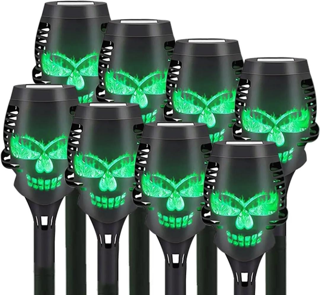 8 Pcs Halloween Solar Flame Lamps, LED Solar Flame Lamps, Dancing and Flickering Flame Torch Lamps, Outdoor Courtyard Waterproof Skull Decoration Lamps (Green)