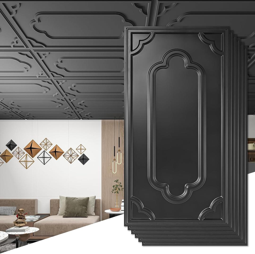 Art3d 12-Pack Drop Ceiling Tiles 2x4 Ft, Decorative PVC Ceiling Covering Panels 24x48 Inch for Basement Bathroom Kitchen, Cover 96 Sq.Ft, Black