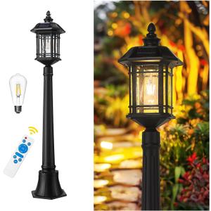 Emliviar Outside Solar Powered Post Light, Black Pathway Light with Remote Control, Dusk to Dawn LED Outdoor Solar Pole Lighting, Bulb Included, Seeded Glass, 2084PL-SL BK