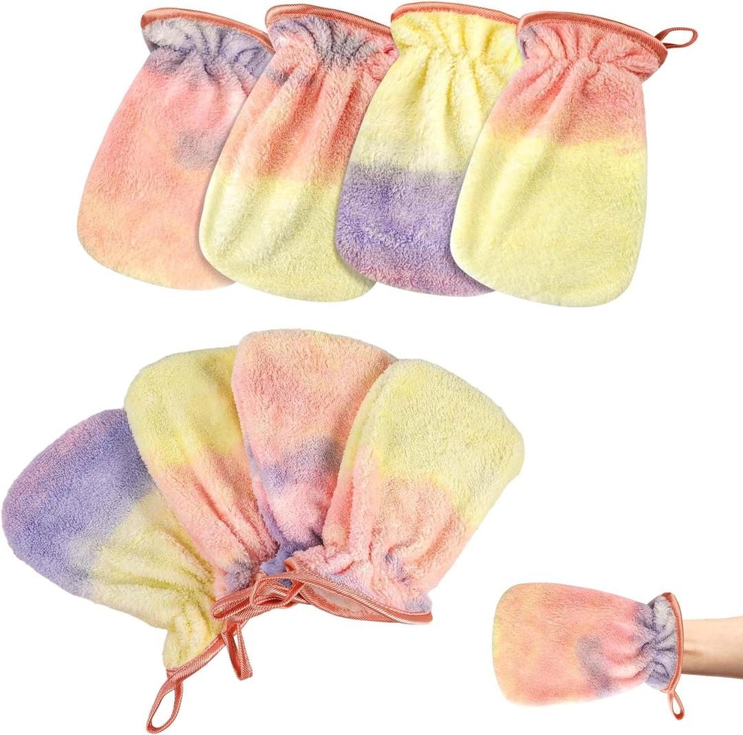 PHOGARY 8 Pack Bath Mitts Coral Fleece Washcloths, Soft Face Showering Cleansing Washcloth, Bath SPA Terry Cloth, Reusable Makeup Remover Mitt, European Style Wash Cloth with Hanging Loop(Tie Dye)