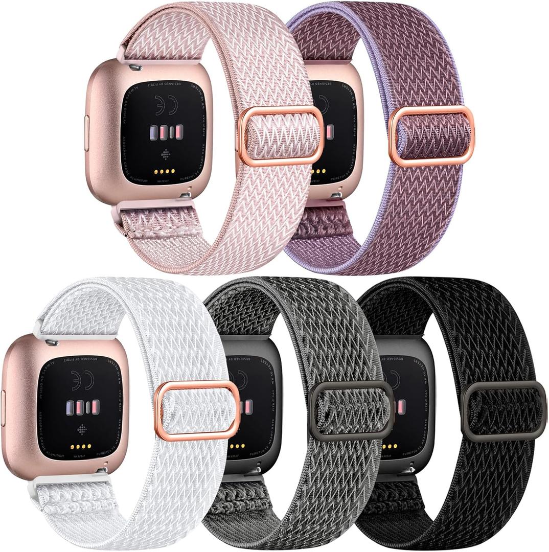 DaQin Elastic Sport Nylon Band Compatible with Fitbit Versa 2 Watch Bands Women Men, 5 Pack Adjustable Stretchy Solo Loop Wristband for Versa/Versa Lite/SE/Fitbit Versa 2 Bands Women of Smartwatch
