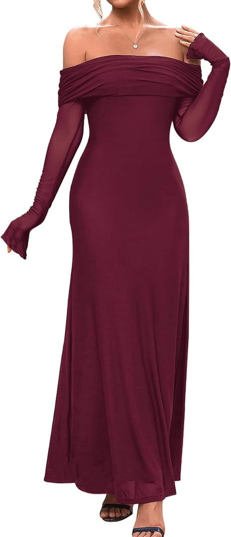 KUTUMAI Women Off Shoulder Bodycon Maxi Dress Long Sleeve Mesh Ruched Party Formal Wedding Guest Dresses Burgundy, Medium