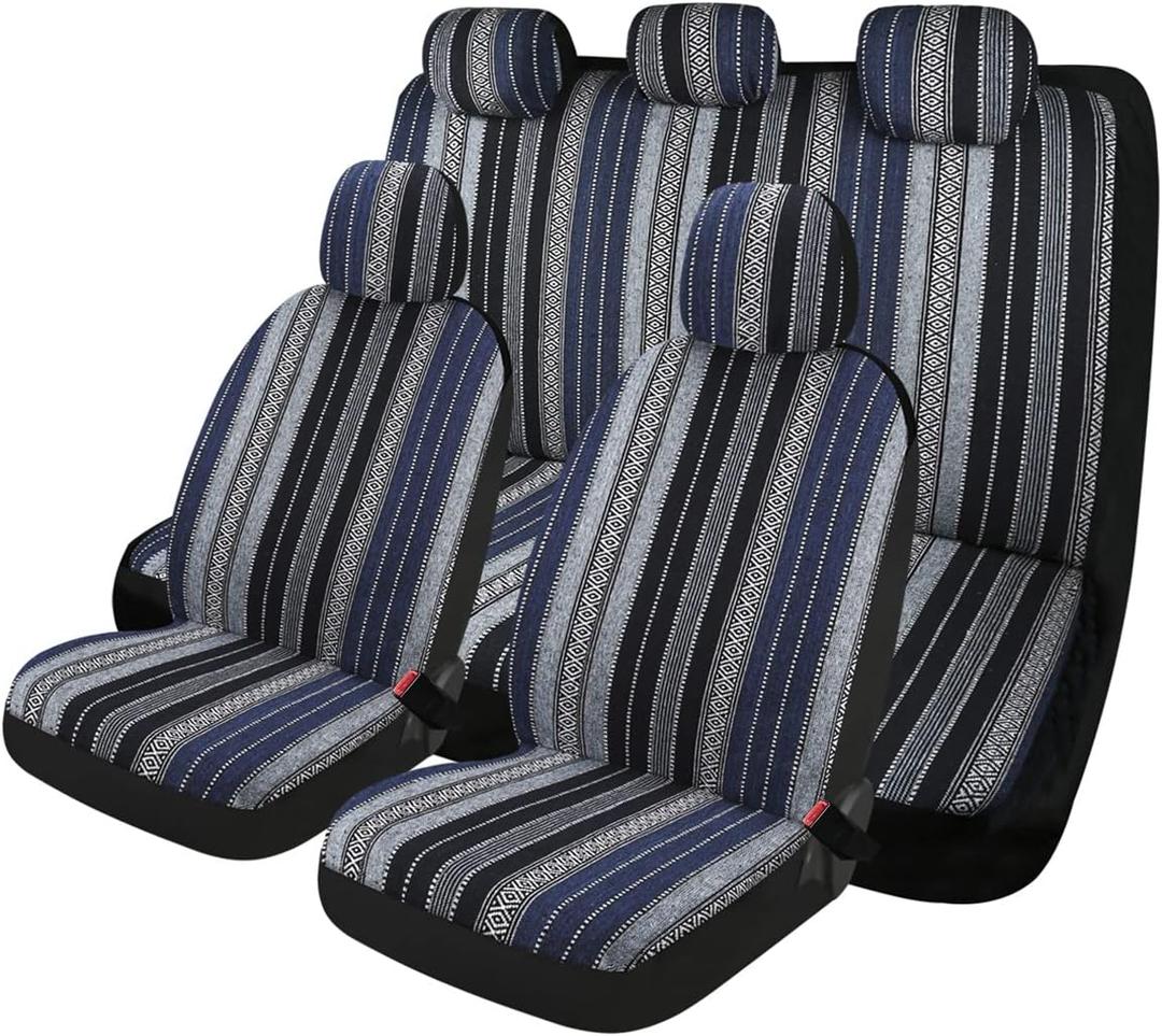 PONYJOYUP Baja Saddle Blanket Car Seat Covers 9PCS Full Set, Breathable and Washable Striped Woven Automotive Vehicle Seat Cover, Universal Seat Cover for Sedan, SUV, Truck, Airbag Compatible, Blue Baja