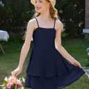 Haloumoning Girls Tie Back Dress Kids Spaghetti Strap Layered Ruffle Summer Beach Sundress 5-6 Years (Blue)