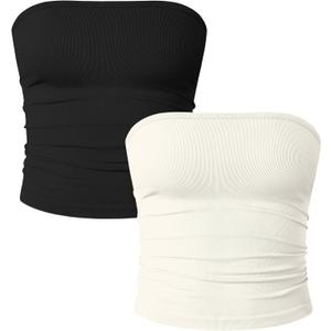 OQQ Womens 2 Piece Tube Tops Strapless Basic Sleeveless Stretch Classic-Fit Shirts Sexy Crop Tops (Small, Black,beige)