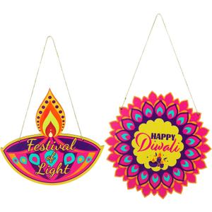 2pcs Wood Happy Diwali Door Sign, Diwali Front Door Hanger Indian Festival of Lights Party Welcome Decor Wall Hanging Plaque