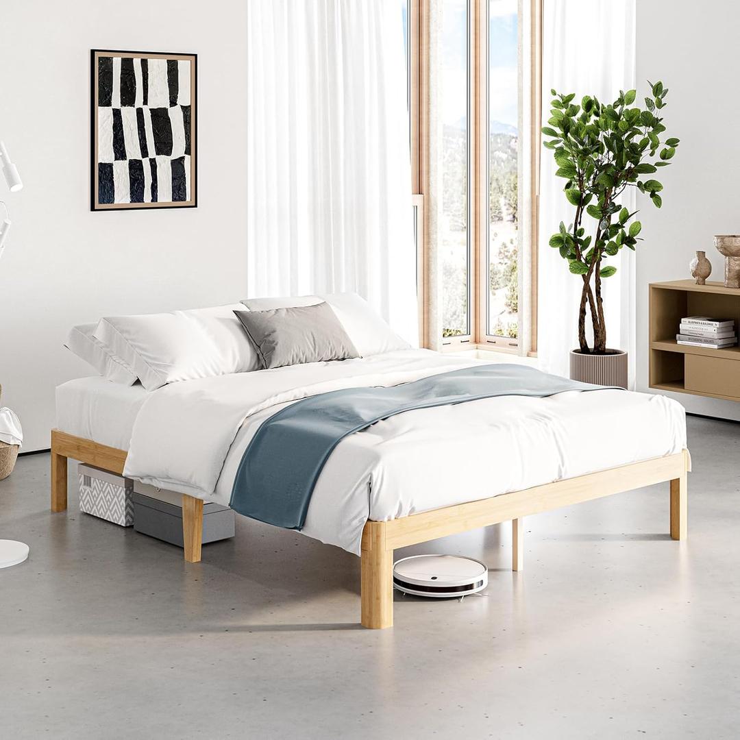 12 Inch High Bamboo Wood Full Size Bed Frame Platform, Metal Slat Support Bed Frame Full Size, No Box Spring Needed, Easy Assembly, Noise Free, Reinforced