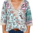 IRISGOD Womens 3/4 Length Sleeve V Neck Tops Dressy Casual Chiffon Blouse Summer Floral Bohemian 2025 Trendy Shirts, 2XL