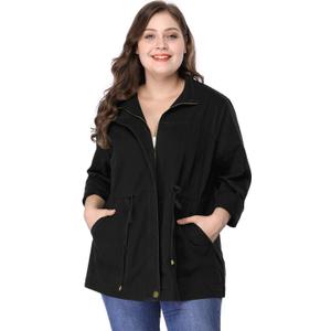 Agnes Orinda Women's Plus Size Anorak Jacket Lightweight Utility Drawstring Waist Casual Outfits Jackets with Pockets (3X, Black)