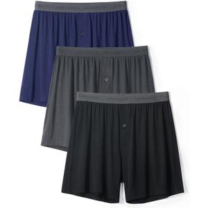 DAVID ARCHY Mens Underwear Bamboo Rayon Boxers for Men Breathable and Cool Men's Boxer Shorts with Button Fly 3 or 5 Pack (A1, Navy Blue/Black/Dark Gray)