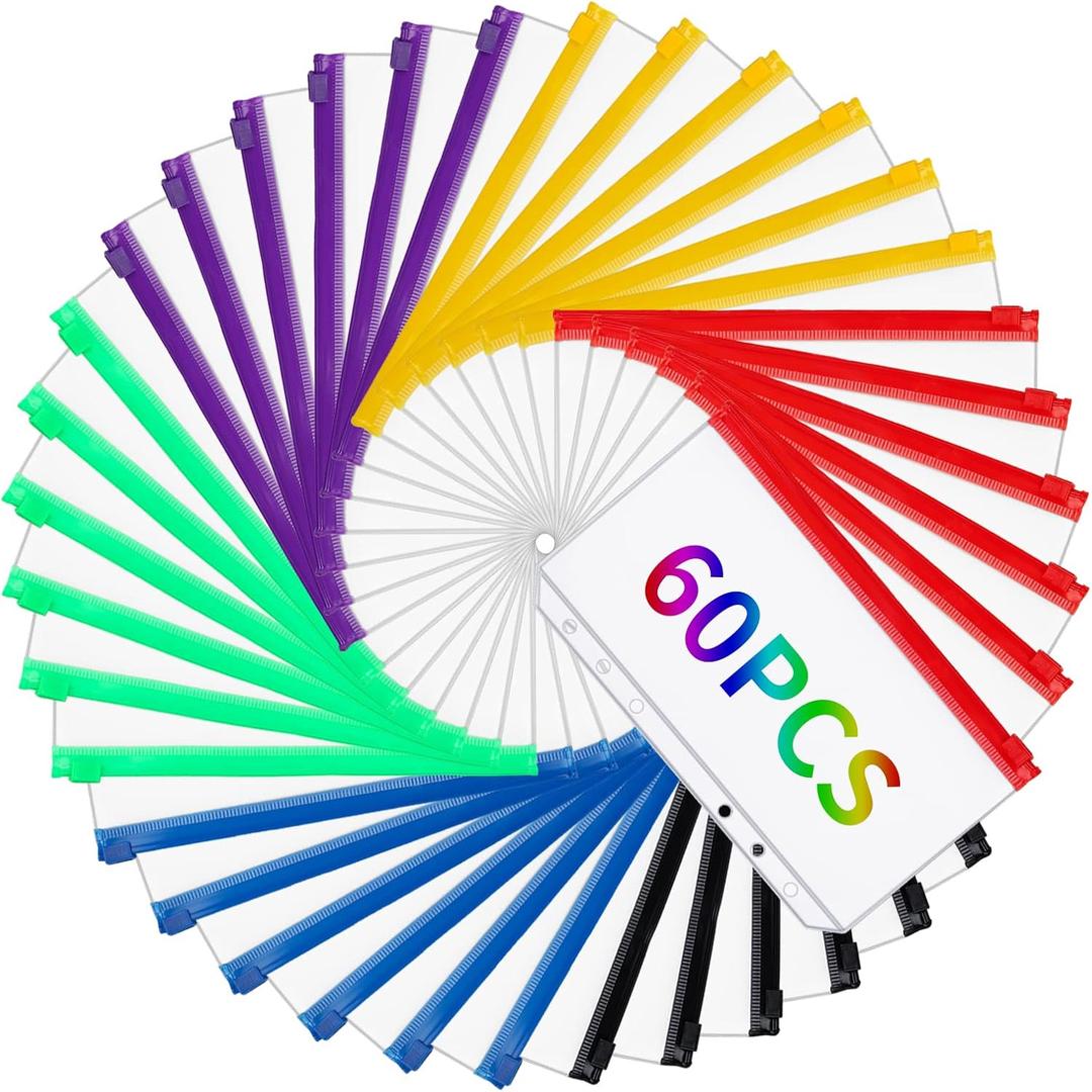 60pcs Binder Pockets 6 Holes Zipper Folders Clear PVC Card Loose Leaf Bags Cash Envelopes for Budgeting Binder Waterproof Document Filing Bags for 6 Ring Notebook Planner Inserts