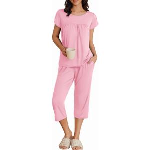 Ekouaer Womens Pajama Set Short Sleeve Sleepwear Pleated Floral Pjs Set Capri Pants Lounge Sets with Pockets (Medium, Deep Pink)