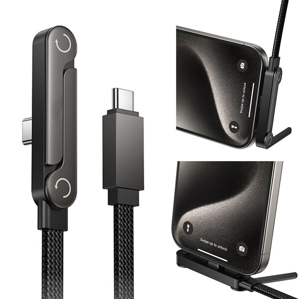 2 in 1 USB C Charger Cable with Invisible Stand, USB C to USB C 240w Fast Charging Braided Cord and Phone Stand Compatible with iPhone,Samsung and Android Phone,Type C PD Charging Cable,5ft,Black