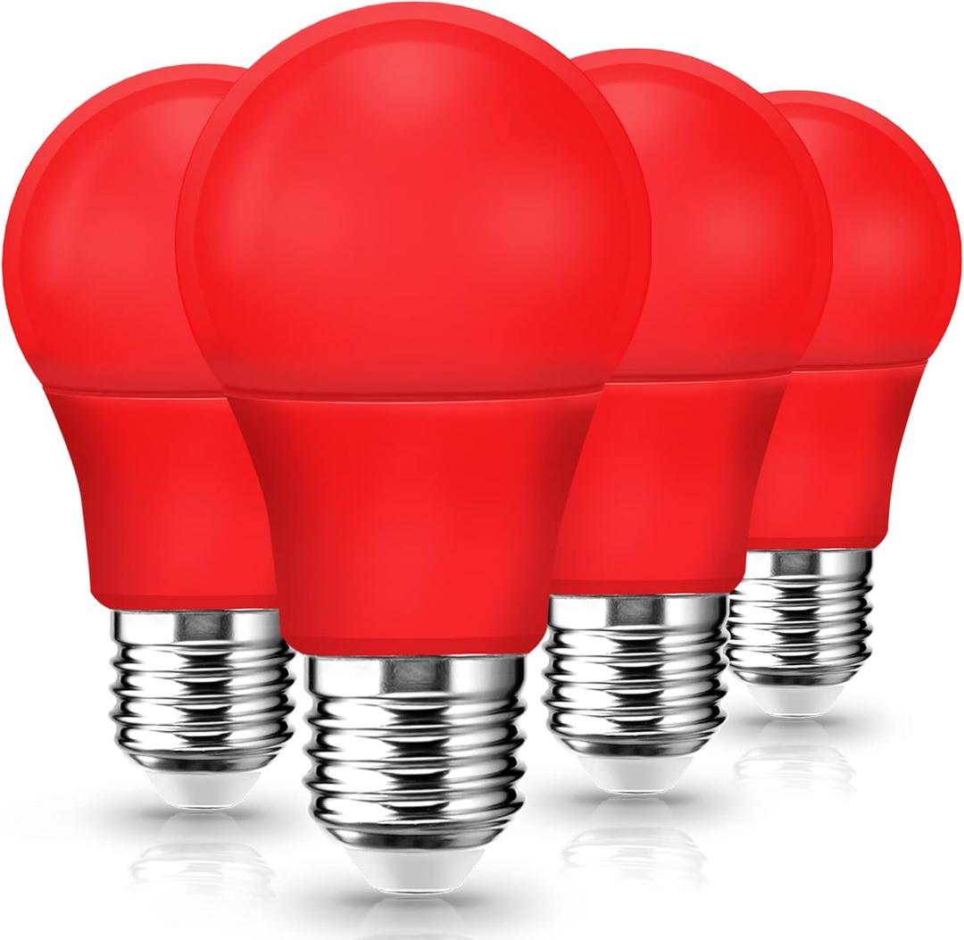 LED Red Light Bulb, A19 9W (60W Equivalent) Red Colored Christmas Light Bulbs Outdoor Indoor, E26 Base for Christmas Party Decor, New Year, Porch Lights, Home Lighting, Wedding, Bar, Not-dimm, 4 Pack