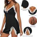 Women's Sexy Lingerie Babydoll V Neck Side Slit Sleepwear Cotton Nightgowns Slip Dress Chemise Nightwear (Black, XXL)