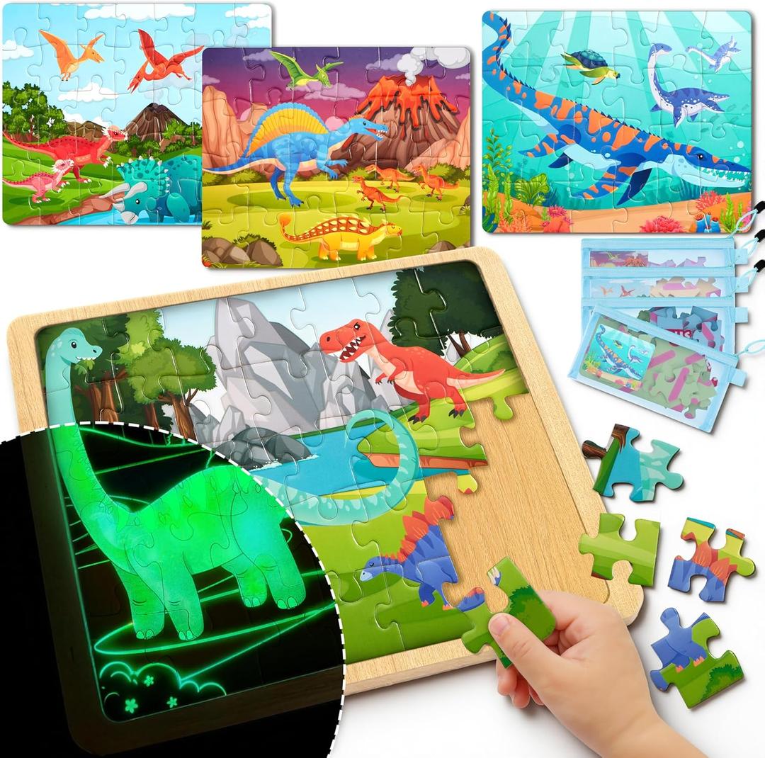 SYNCFUN 4 Packs Magical Dinosaur Wooden Puzzles Glow in The Dark, 35 & 24 PCS Puzzles Board for Preschool Educational Toddlers, Dinosaur Toys for Kids Ages 3-5 Birthday Valentine Easter Gifts
