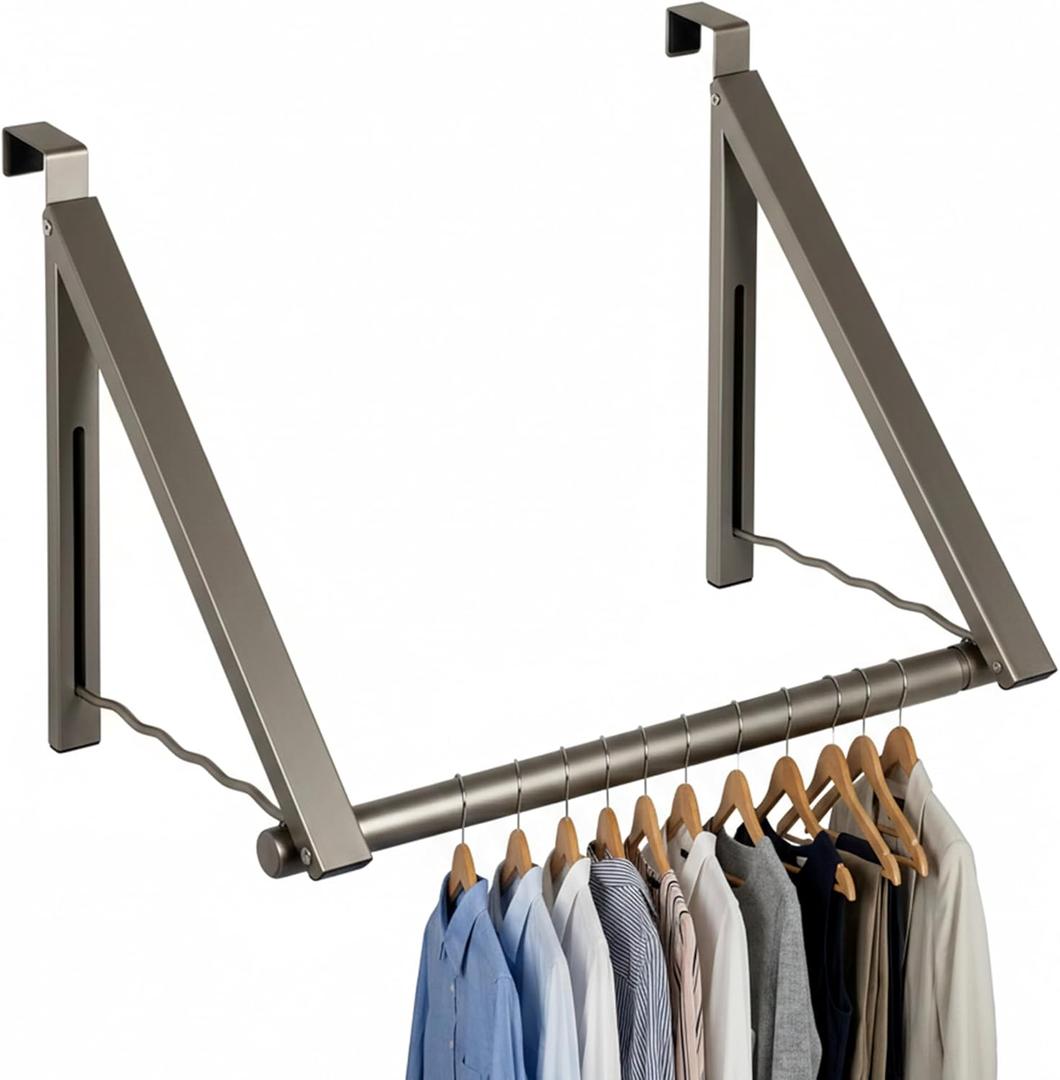 HOLDN STORAGE Over The Door Hanger - Foldable Rack Organizer for Hanging Clothes, Coats & Towels, Ideal for Dorm Rooms, Laundry, Bathrooms, Etc - Holds up to 35 LBs, Collapsible - Satin Nickel (1 Pack)