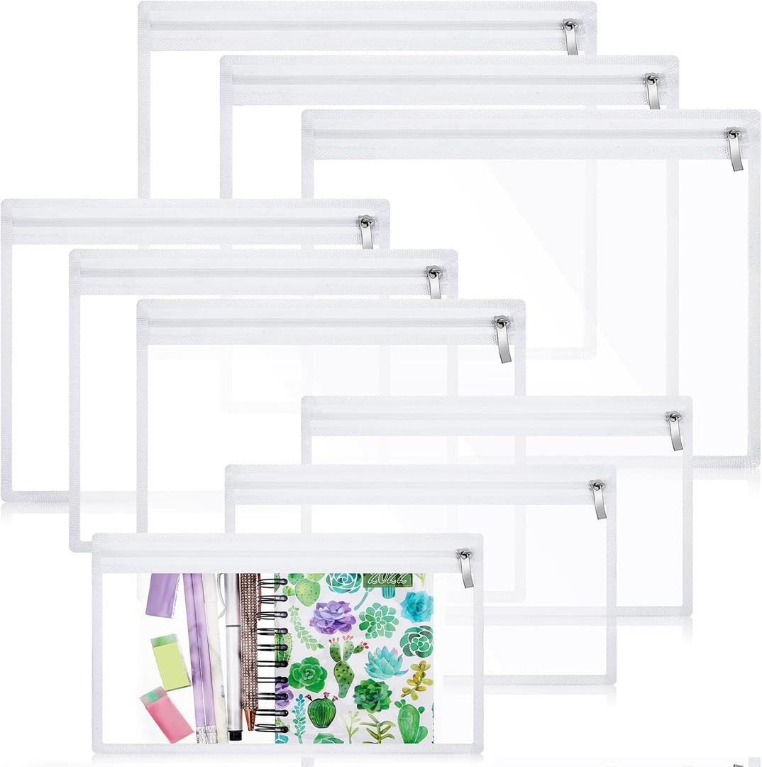 Chengu 9 Pack Clear Zipper Pouches Multipurpose PVC Waterproof Pouch Document Bag for Teacher School Office Supplies Clear Travel Bags for Cosmetic Wallet Pencil Organize(White Side)