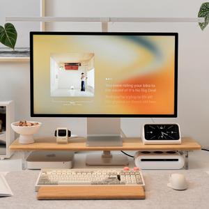 Bamboo Monitor Stand Riser with Acrylic Legs for Desk, 31.5 Inches Desktop Shelf Supports for PC Computer Monitor, Laptops, Printer, Speakers (Natural)