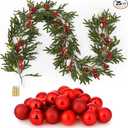 Ovveroche 6.5 FT Christmas Garland with Pinecones, 24 Red Xmas Ornaments, 78.7inch LED Lights Without Battery for Christmas Home Bedroom Wedding Party Mantle Table Centerpiece Decoration