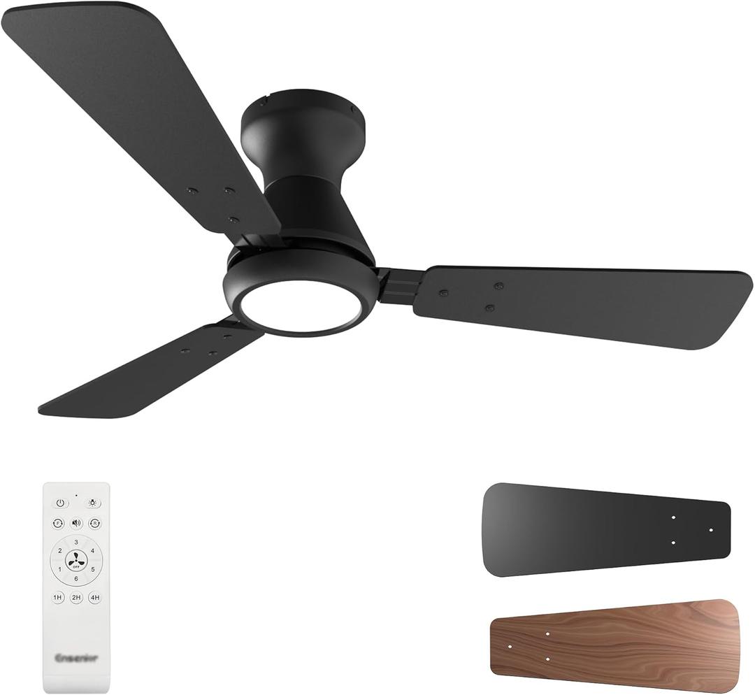 Ensenior Ceiling Fans with Lights, 42 Inch Low Profile Ceiling Fan with Light and Remote, Circulate Warmth, Flush Mount, 3CCT, Noiseless, Ceiling Fan for Bedroom and Living Room, Flush Mount - Black