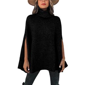 KIRUNDO Women's 2026 Fall Winter Turtleneck Poncho Sweater Fashion Chunky Knit Cape Wrap Sweaters Pullover Jumper Tops (Black, L)